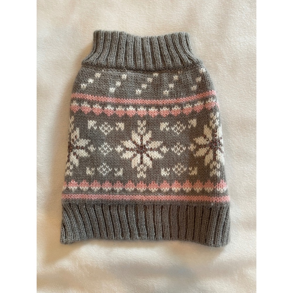Top Paw Gray Pink Snowflake Fair Isle Pet Dog‎ Sweater XS Beaded SC15